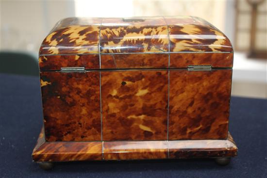 A 19th century tortoiseshell two division tea caddy, 7.75in.